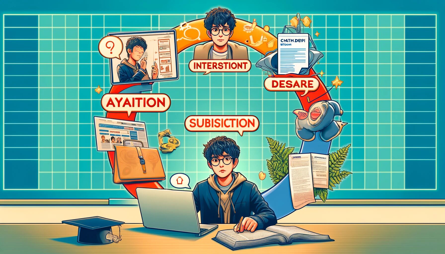 The image illustrates the AIDA marketing model stages: Attention, Interest, Desire, and Action. It features a graduate student, Yuya-san, in an academic setting. The stages are visually distinct: Attention: Yuya-san notices an online ad for ChatGPT on his computer. Interest: He researches the benefits of ChatGPT, with papers and data on his desk. Desire: Yuya-san feels the urge to use ChatGPT, indicated by his thoughtful expression. Action: Finally, he subscribes to the service, shown by a subscription confirmation on the screen.