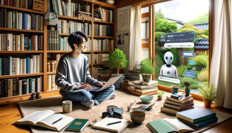 The image depicts Yuya-san, a Japanese graduate student, engaged in a daily experience using ChatGPT in his cozy study room. He is interacting with the AI, seeking information about marketing and consumer behavior. The room is filled with academic books, a laptop, a notebook, a cup of tea, and a potted plant. The serene garden visible through the window adds to the focused and serene atmosphere, reflecting his dedication to academic research and personal learning.