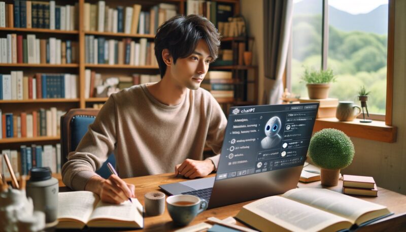 The image shows a 23-year-old Japanese graduate student named Yuya-san using ChatGPT on a laptop in a cozy study room. The room features a desk with books, a notebook, a cup of tea, and a small potted plant. A window with a view of a peaceful garden is visible in the background. Yuya-san has a thoughtful expression as he interacts with the AI, which displays information about marketing and consumer behavior on the screen. The atmosphere is academic and serene.