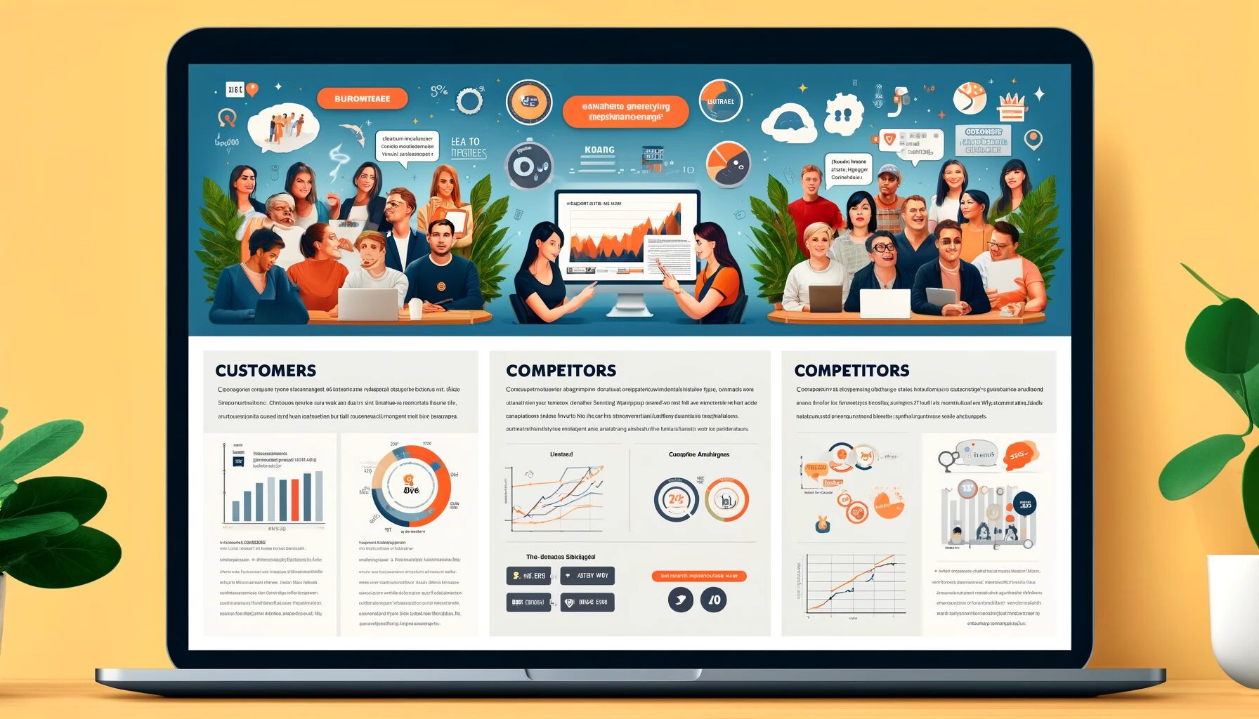 The image depicts a blog page layout divided into three main sections: "Customers," "Competitors," and "The Company." Customers: Shows diverse readers engaging with the blog on laptops and phones, representing the target audience. Competitors: Features a competitive analysis chart with graphs and a comparison table, indicating how the blog differentiates itself. The Company: Highlights the blogger's skills with icons representing marketing knowledge, data analysis, and content creation, showcasing the strengths leveraged in the blog.