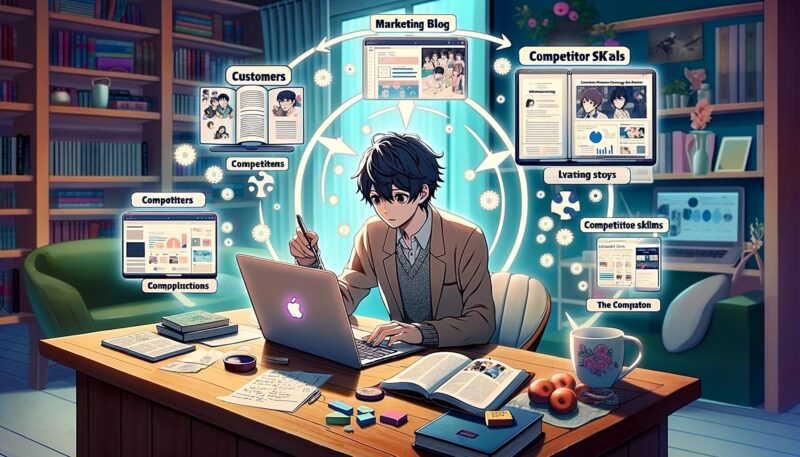 The image depicts a typical day in the life of Yuya-san applying the 3Cs model. Yuya-san is shown at a desk, working on his blog with a laptop and notes, engaging with readers (Customers), analyzing competitor blogs on a tablet (Competitors), and utilizing his marketing skills (The Company) with icons representing marketing knowledge, data analysis, and content creation around him. The setting is a modern, cozy room with books and anime movie posters, reflecting Yuya-san's interests.