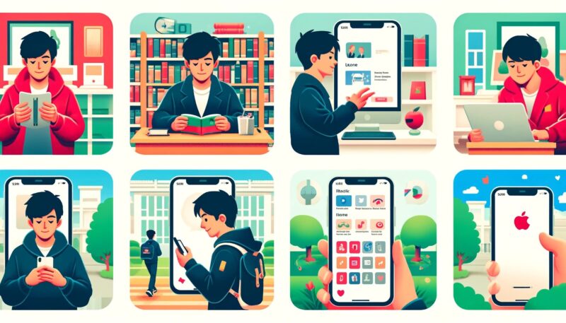 The image illustrates Yuya-san using his iPhone in various daily activities across four scenarios: Studying in a University Library: Yuya-san is seen using his iPhone to assist with his studies, surrounded by bookshelves. Taking a Walk: Yuya-san is enjoying music on his iPhone while walking in a park. Purchasing Online: Yuya-san uses his iPhone to buy an item online, shown with an online shopping interface. Watching an Apple Keynote: Yuya-san watches an Apple keynote event on his iPhone in a cozy living room setting. The background includes elements like bookshelves, a park, an online shopping interface, and a living room, all depicted in a modern and vibrant style.