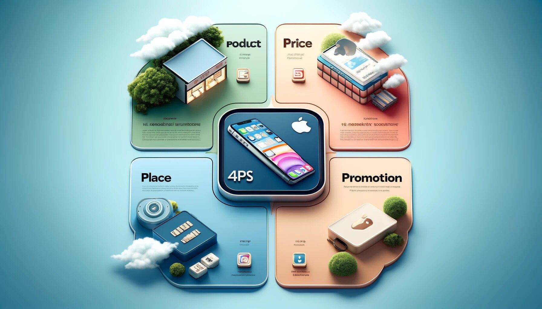 The image visually represents the concept of the marketing mix as applied to an iPhone, divided into four sections: Product: This section features an iPhone with highlighted features, showcasing its design, functionality, and user experience. Price: Depicted with a price tag illustrating the premium pricing of the iPhone, along with promotional offers like discounts and student deals. Place: Shows an Apple Store and an online store interface, indicating the various channels through which the iPhone can be purchased. Promotion: Highlights an Apple keynote event and online advertisements, demonstrating the promotional activities used to market the iPhone. The overall style is modern and clean, aligning with Apple's branding.