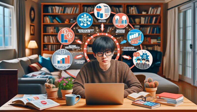 The image shows Yuya-san, a young Japanese man, working on his laptop at a desk filled with marketing books and notes, applying Porter's Five Forces Analysis to his blog. Surrounding him are icons representing the five forces: Barriers (Threat of New Entrants) Competitive Graphs (Rivalry Among Existing Competitors) Media Icons like Books and Videos (Threat of Substitute Products or Services) Group of Readers (Bargaining Power of Buyers) Hosting Tools (Bargaining Power of Suppliers) The background is a cozy home office with bookshelves and charts, reflecting a productive and academic environment.