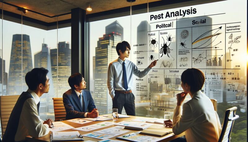 The image portrays Yuya-san, a young Japanese graduate student, participating in a PEST analysis meeting with his colleagues in a modern office. The office features large windows overlooking a cityscape with skyscrapers. Yuya-san is pointing at a whiteboard divided into sections labeled "Political," "Economic," "Social," and "Technological," each containing relevant notes and graphs. His colleagues are listening attentively, creating a dynamic and collaborative atmosphere typical of a high-tech urban business meeting.