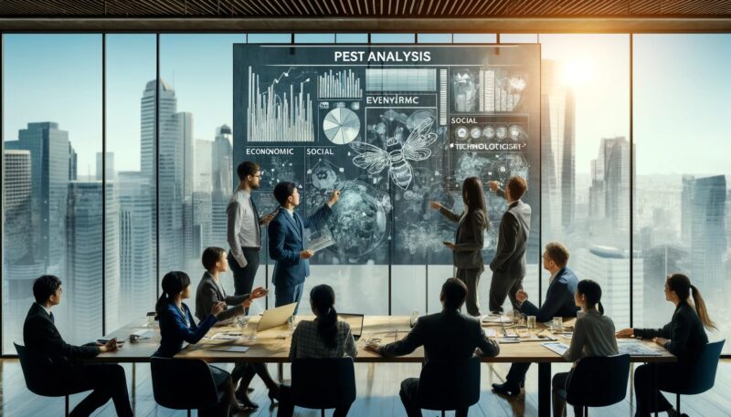 The created image depicts a modern office scene in Japan where a team is conducting a PEST analysis. The office features large windows showcasing a cityscape with skyscrapers. A whiteboard is prominently displayed with sections labeled "Political," "Economic," "Social," and "Technological," each filled with relevant notes and graphs. The team members, diverse in age and gender, are dressed in business casual attire and are actively engaged in discussion, pointing at the board. The dynamic and collaborative atmosphere captures a typical business meeting in a high-tech urban setting.