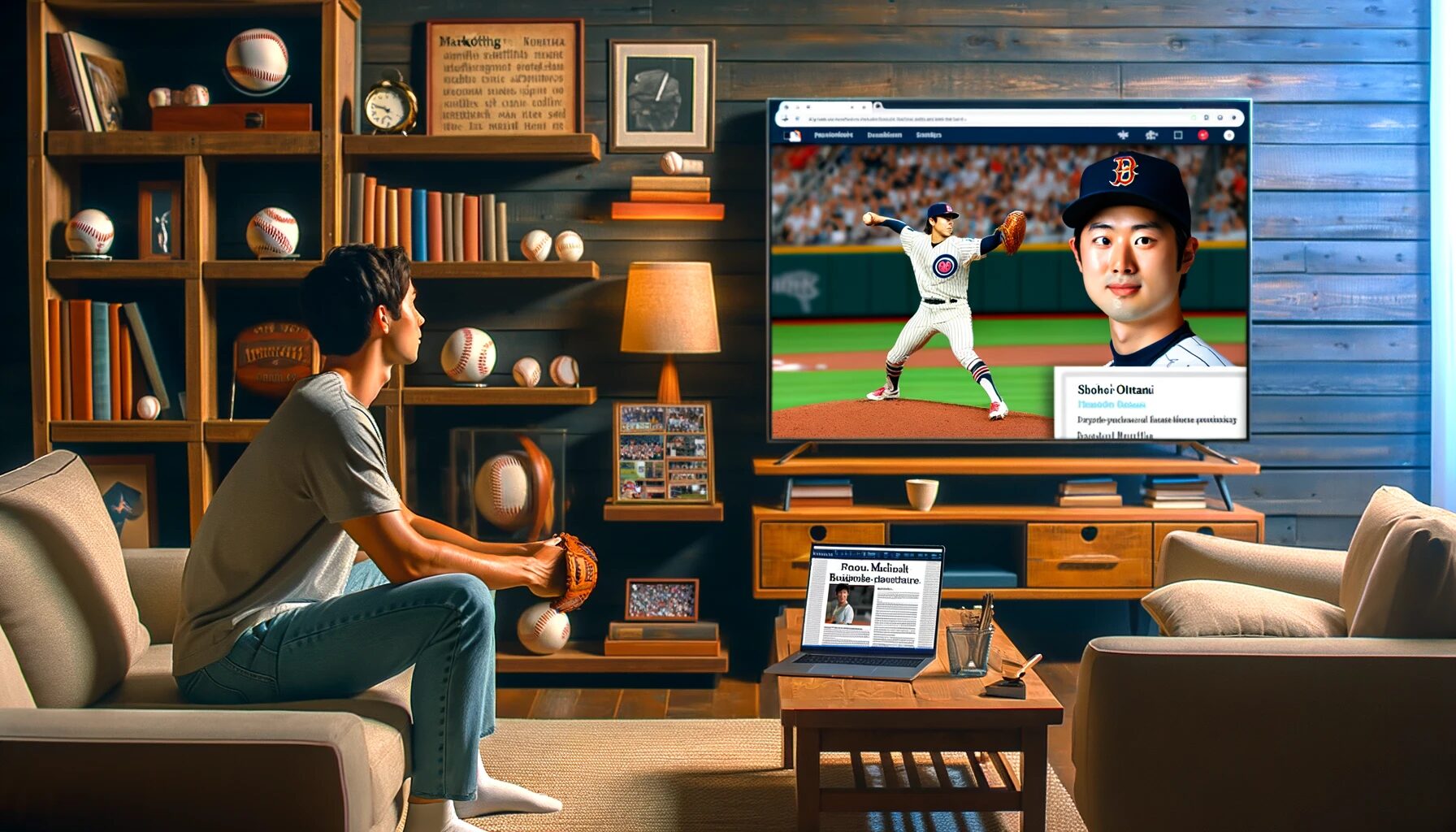 The created image depicts a young man watching highlights of Shohei Ohtani's baseball game on a TV in a cozy living room. The room features baseball memorabilia, a bookshelf filled with business books, and a laptop displaying a blog page about marketing. The young man appears inspired and motivated by Ohtani's performance, reflecting the concept of parasocial interaction where the viewer feels a personal connection and admiration for the athlete.