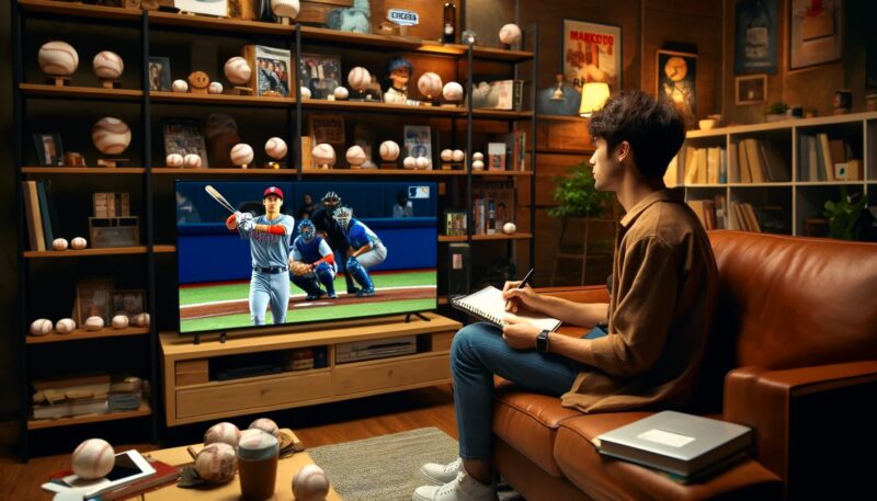 The image depicts a young man watching highlights of Shohei Ohtani's baseball game on TV in a cozy living room filled with baseball memorabilia. The young man holds a notebook, taking notes, and looks highly motivated. In the background, a bookshelf filled with business and marketing books and a laptop open to a marketing blog page can be seen. The atmosphere exudes inspiration and admiration, illustrating the concept of parasocial interaction.