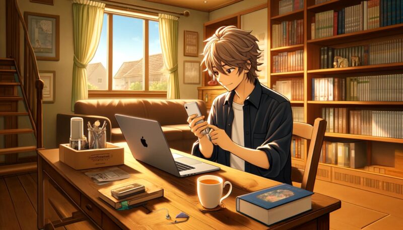 The image shows Yuya-san at home, happily setting up his new iPhone SE. He is seated at a desk with a laptop and a cup of tea, looking satisfied. The room is cozy and well-lit, featuring bookshelves filled with academic books and some anime merchandise. Outside the window, it's a sunny day, casting a warm glow on the scene.