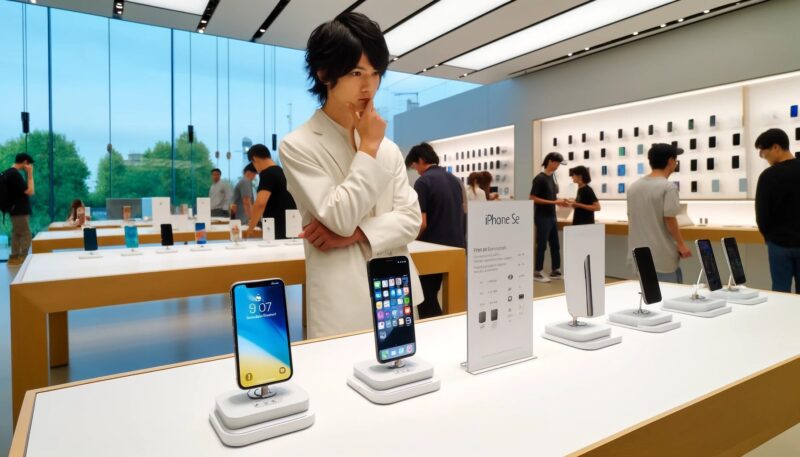 The image depicts a modern store with various models of iPhones displayed on sleek white tables. The iPhone SE is prominently highlighted, showing its features and price. A young man, Yuya-san, appears thoughtful, considering the iPhone SE. The background includes minimalist decor, large glass windows letting in natural light, and a few other customers browsing the store.