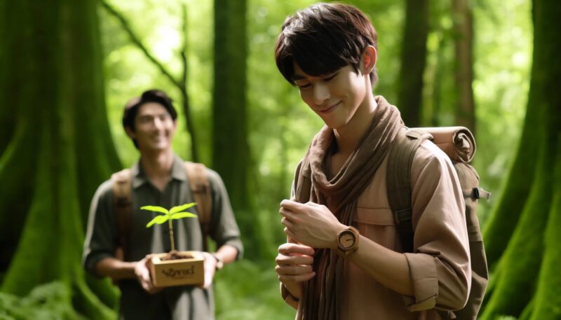 The image depicts a young man, resembling Yuya-san, standing in a lush forest while wearing a WeWood wooden watch. He is looking at the watch with a smile, expressing pride and satisfaction. Nearby, a small sapling is growing, symbolizing the "Plant a Tree" campaign. This scene captures the daily experience of feeling connected to environmental conservation through cause marketing.