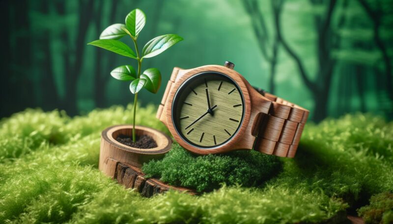 The image features a stylish wooden watch by WeWood placed against a lush green forest background. The watch has a simple, elegant design, highlighting its wooden material. Next to the watch, a small sapling is growing, symbolizing WeWood's "Plant a Tree" campaign. This scene represents the concept of environmental conservation and the impact of cause marketing.