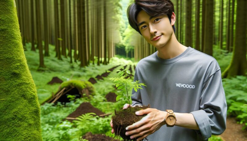 The created image shows Yuya-san, a young man in his early twenties, standing in a lush green forest while wearing a WeWood watch. He is planting a small sapling, symbolizing his commitment to environmental conservation. Yuya-san appears content and focused, reflecting his dedication to green marketing and eco-friendly practices. The scene captures the beauty of nature and highlights the impact of individual actions on environmental sustainability.