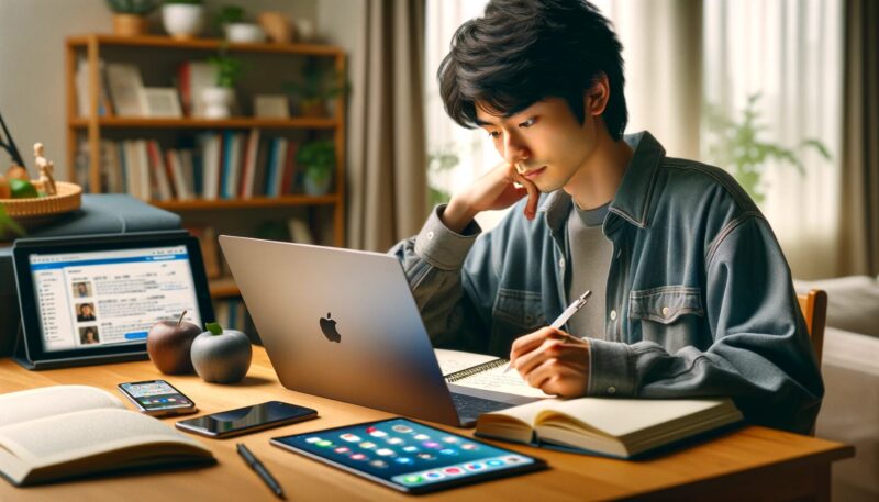 The image depicts Yuya-san in his daily life, utilizing Apple products. He is studying with a MacBook at a well-organized desk, taking notes on an iPad, and checking messages on an iPhone. The cozy, modern apartment with natural light emphasizes how Apple products enhance his productivity and daily routine.