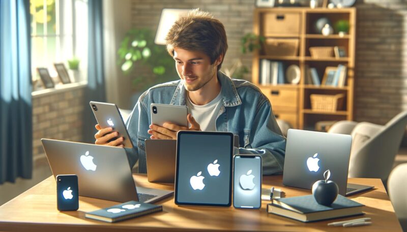 The image depicts a young man seamlessly integrating Apple products into his daily routine. He is using a MacBook for studying at his desk, an iPad for taking notes, and an iPhone for communication. The modern, well-lit room emphasizes the cohesive and efficient use of Apple devices, showcasing the strong brand relationship.