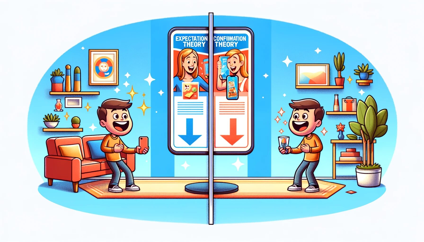 The created image illustrates the Expectation Confirmation Theory (ECT). On the left side, you can see a person excitedly looking at a product advertisement, reflecting high expectations. On the right, the same person is depicted happily using the product, which perfectly matches the advertisement, symbolizing satisfaction from expectations being met. The setting features a home environment with modern decor, enhancing the relatability of the concept.