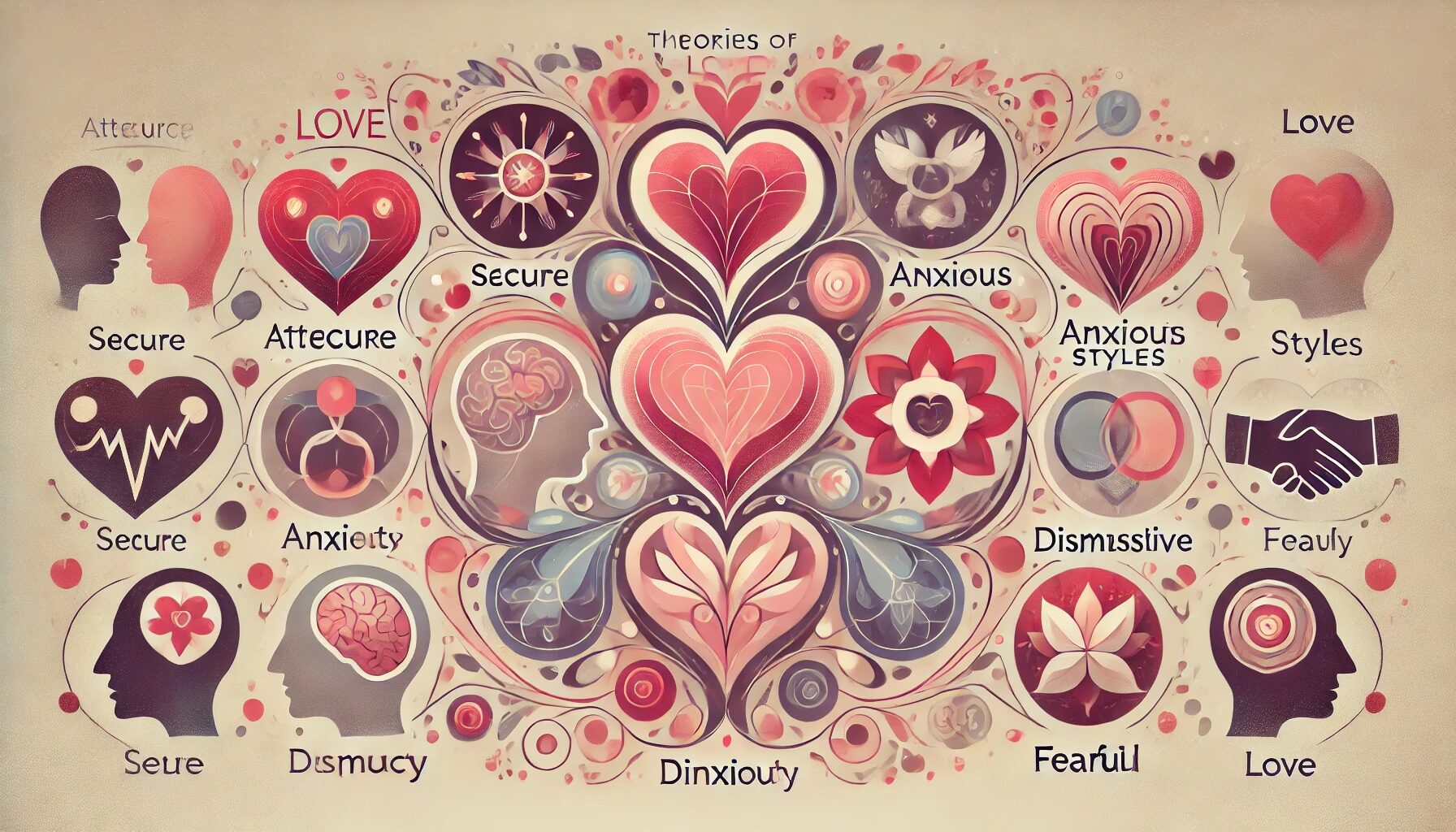 This abstract illustration represents various theories of love. The image features interconnected hearts to symbolize different types of love and attachment styles (secure, anxious, dismissive, fearful). It also includes diverse cultural expressions of love, depicted through varied visual elements. The use of soft colors and harmonious composition conveys the complexity and beauty of love, capturing its multifaceted nature and emotional depth.