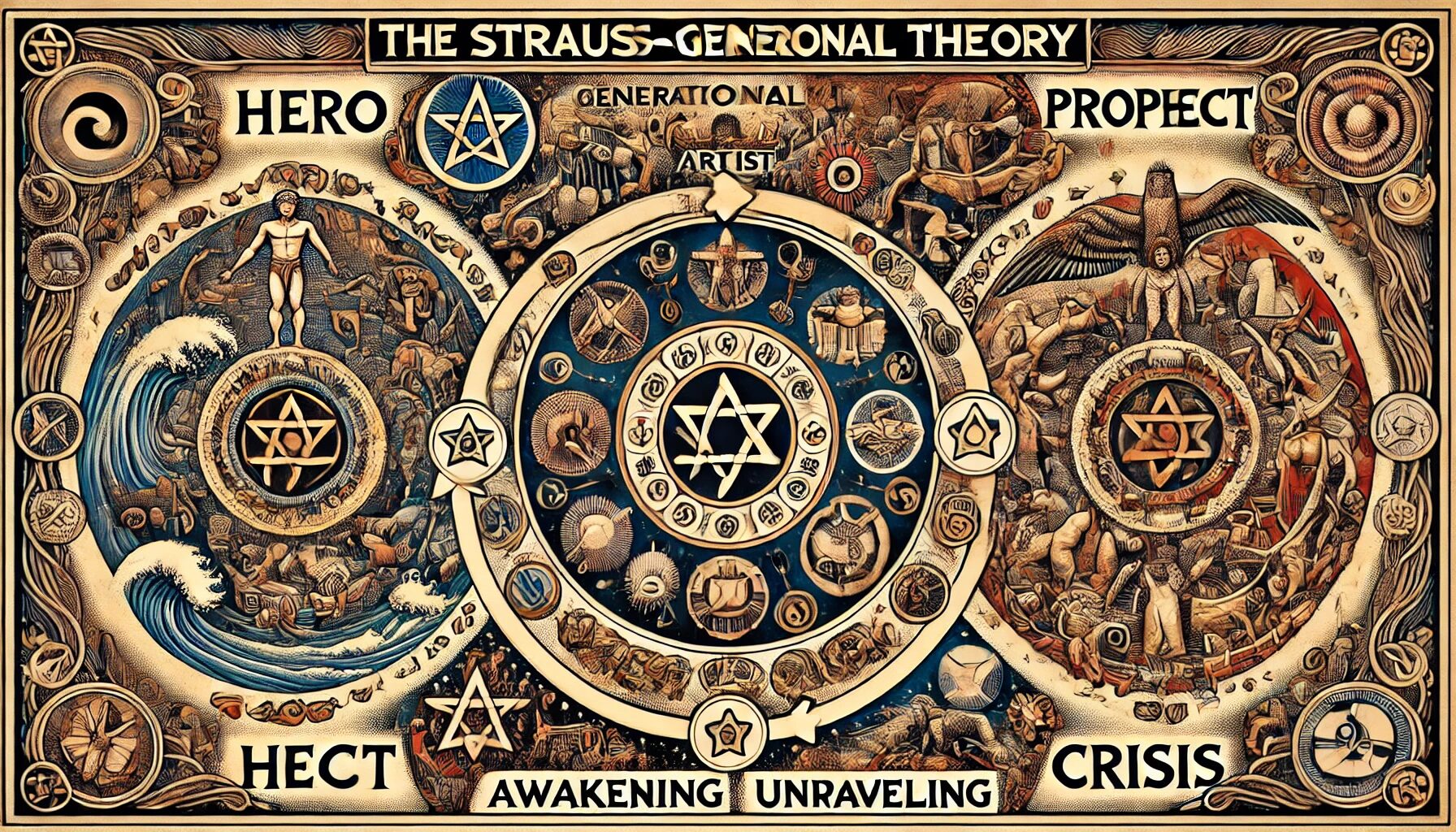 The image illustrates the Strauss-Howe generational theory with four distinct generational archetypes: Hero, Artist, Prophet, and Nomad. Each archetype is represented with symbolic elements and characteristics. The background features a cyclical pattern indicating the repeating cycle of generations. Additionally, the image includes four phases named High, Awakening, Unraveling, and Crisis, each depicted with unique symbols representing the societal mood during these periods.