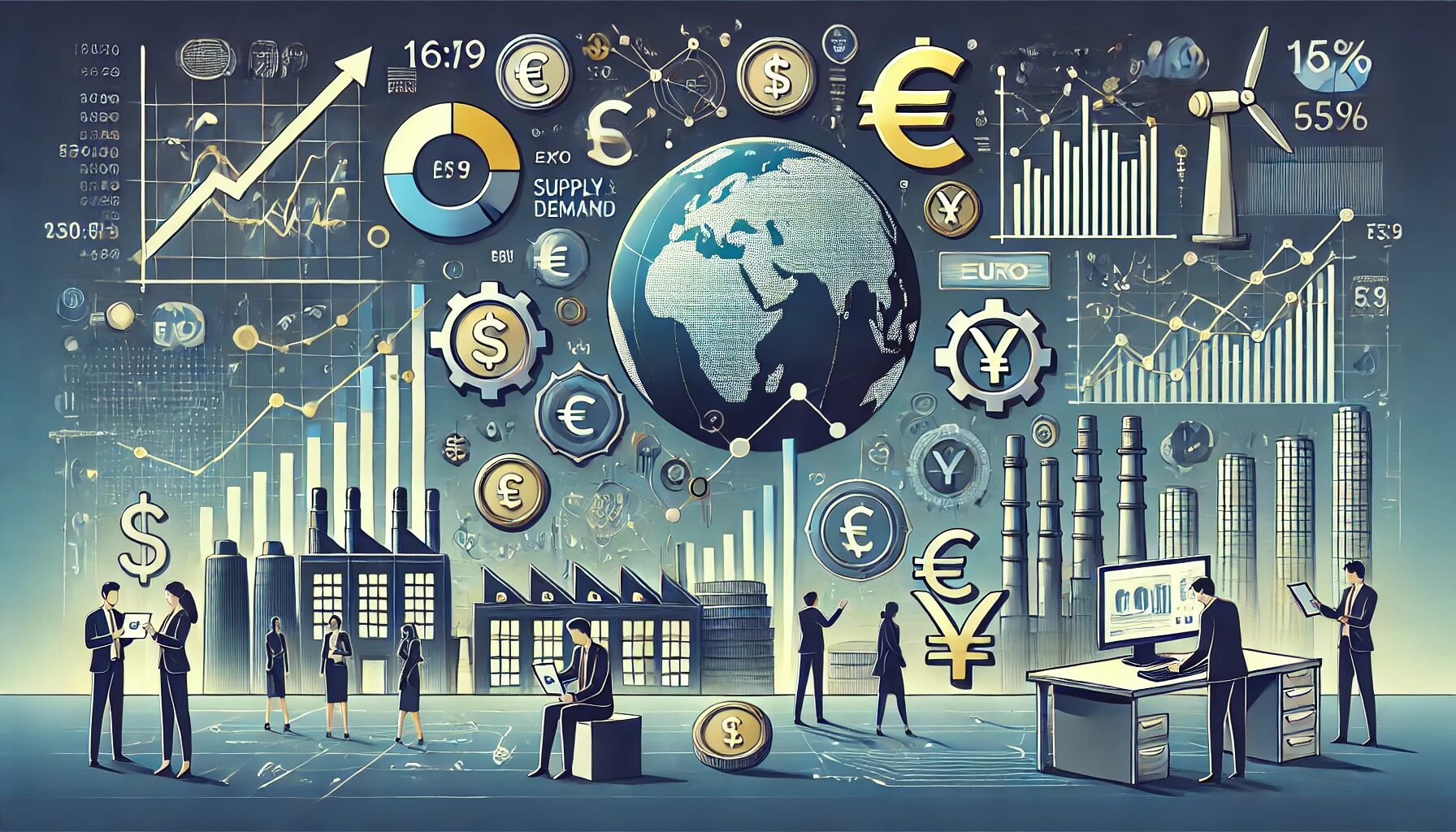 The image represents economic theory, illustrating various elements such as graphs, charts, and symbols of supply and demand. It includes icons like the dollar sign, euro symbol, and yen, representing global markets. People are shown analyzing data, indicating the role of economists and analysts. A globe symbolizes international economics, while factories or businesses in the background represent industry and trade. The setting is modern and dynamic, reflecting the complexity and interconnectedness of economic systems.