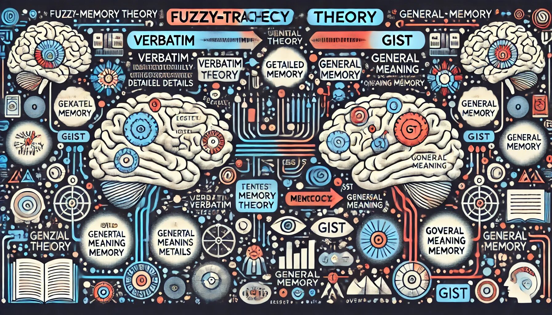 The illustration represents Fuzzy-Trace Theory by depicting two types of memory processes: verbatim and gist. Verbatim memory focuses on exact details, while gist memory captures the general meaning. The image shows these two processes being encoded simultaneously but through different pathways. Abstract elements like brain icons, pathways, and memory representations help visually differentiate between verbatim and gist memory, illustrating how both types of memory work together to form a comprehensive understanding of events.