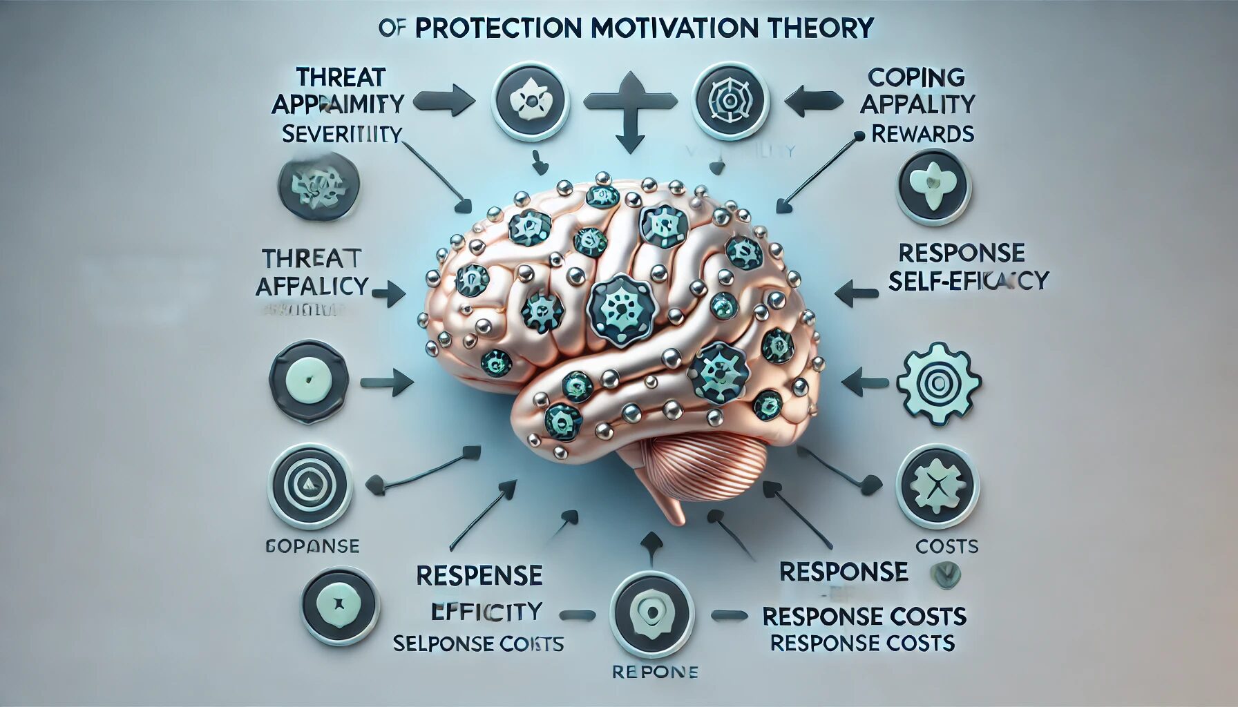 The image illustrates the Protection Motivation Theory (PMT). It features a central brain symbolizing cognitive processes, surrounded by icons representing the key components of the theory. On one side, icons for threat appraisal include severity, vulnerability, and rewards. On the other side, icons for coping appraisal include response efficacy, self-efficacy, and response costs. Arrows connect these elements, showing the flow of the theory. The background has a calming gradient from light blue to white, enhancing the visual appeal and clarity of the theoretical framework.