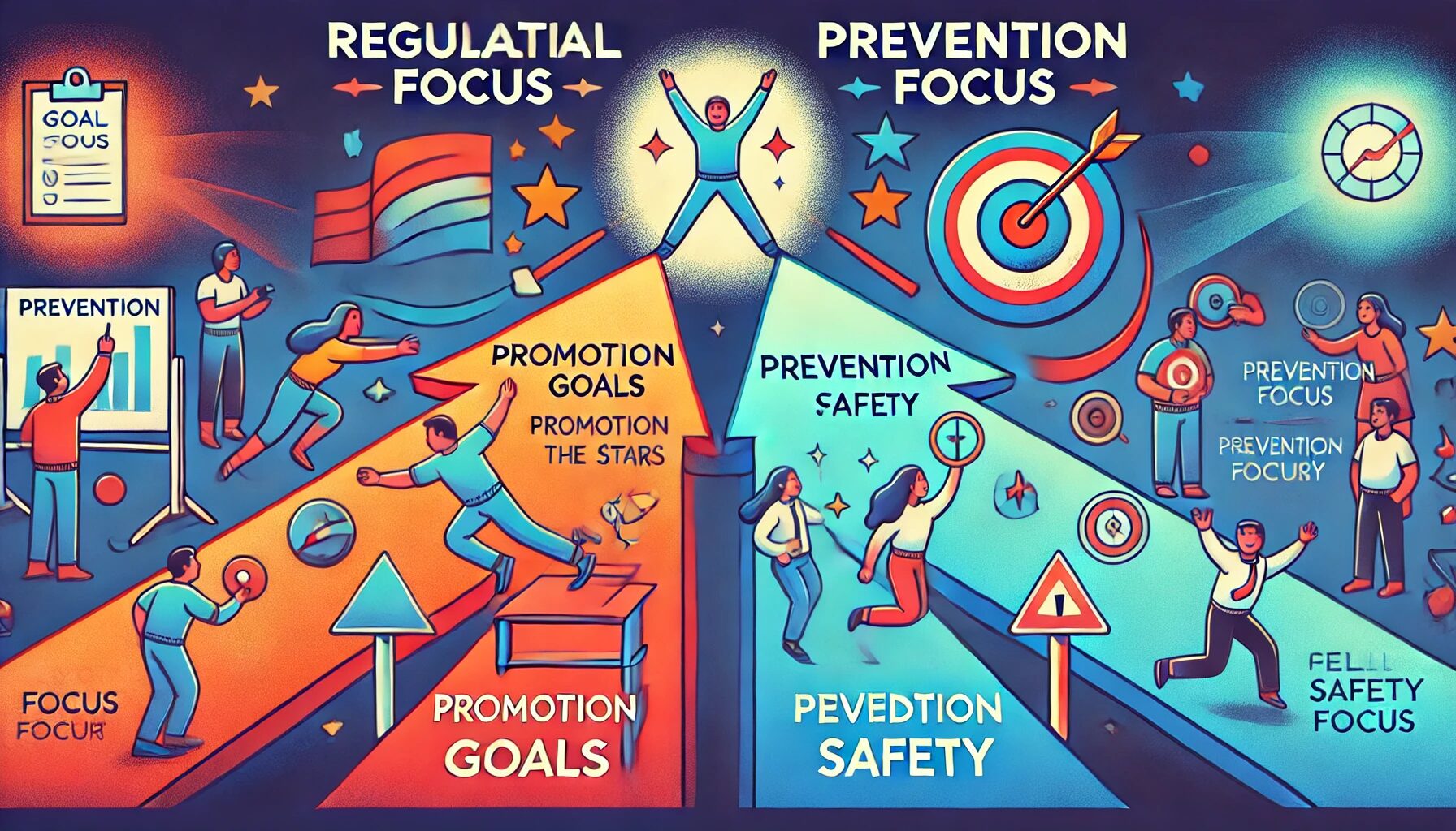 The image visually represents Regulatory Focus Theory, dividing it into two main sections: promotion focus and prevention focus. The promotion focus side illustrates a person achieving goals, reaching for the stars, and feeling joyful. In contrast, the prevention focus side shows a person carefully avoiding pitfalls, ensuring safety, and feeling secure. Both sections are interconnected by a central theme of goal pursuit, with arrows indicating the direction of each focus. Bright, contrasting colors are used to enhance clarity and distinction between the two focuses.