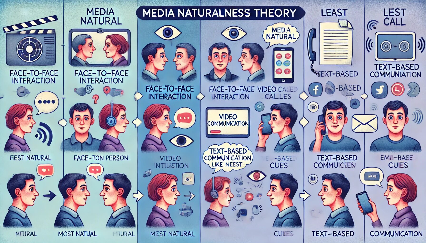 The image depicts Media Naturalness Theory, illustrating a spectrum of communication methods. On the left, the most natural form, two people are engaged in a face-to-face conversation, showing clear facial expressions and body language. In the middle, a video call represents a less natural but still effective method, with visible faces and voices. On the right, text-based communication, like email or messaging, is shown as the least natural, lacking visual and auditory cues. Each method is labeled to indicate its place on the naturalness spectrum.