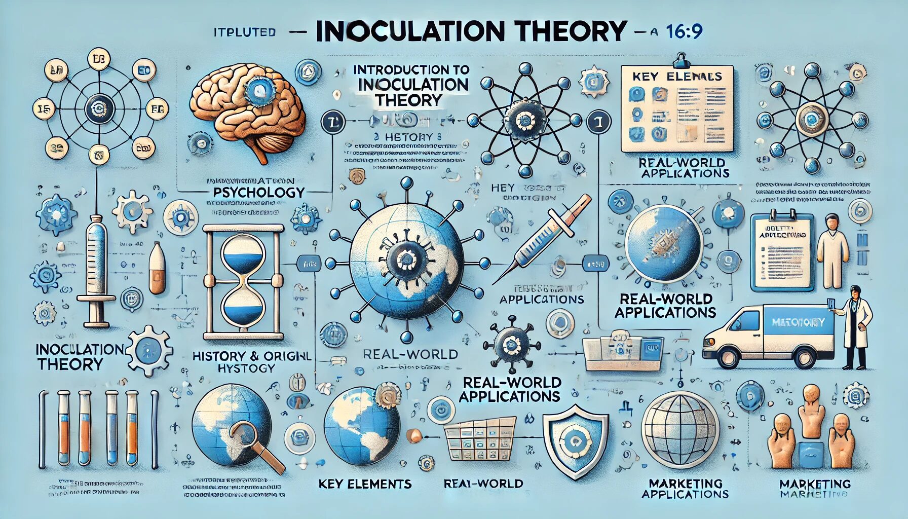 The created infographic visually explains Inoculation Theory, structured in a 16:9 format with a clean and professional design. The sections included are: Introduction to Inoculation Theory: Featuring a brain icon to represent the psychological aspect of the theory. History and Origin: Illustrated with a timeline icon, detailing the development and background of the theory. Key Elements: Depicted with a shield icon to signify protection and resistance. Real-World Applications: Represented by a globe icon, showcasing various domains where the theory is applied. Marketing Applications: Illustrated with a shopping cart icon, indicating how the theory can be utilized in marketing strategies. The color scheme used is predominantly blue and white, ensuring a professional and visually appealing presentation.