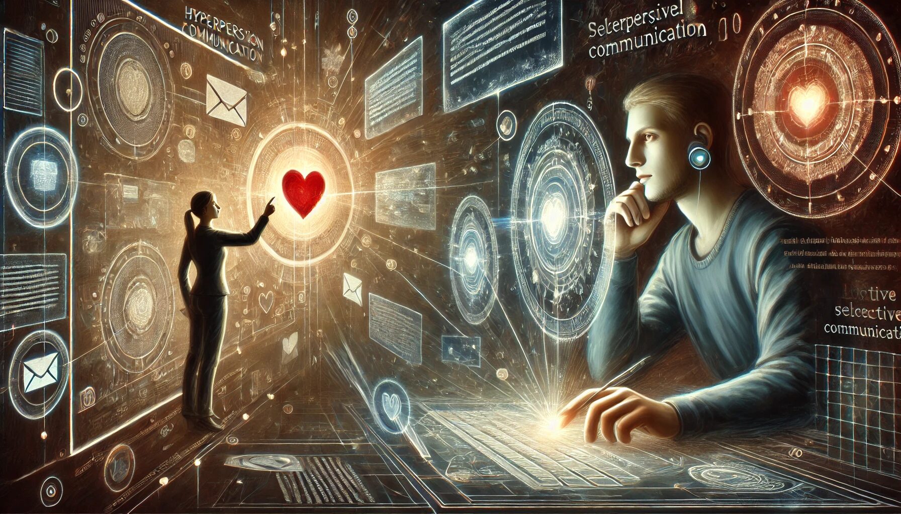 The image represents the concept of "hyperpersonal communication," showing two individuals interacting digitally through their computers. One person is carefully crafting a message, while the other is viewing it with an idealized expression. The abstract background represents the digital space, with glowing text bubbles and symbols indicating heightened intimacy and selective self-presentation, emphasizing the intense and idealized nature of their online communication.