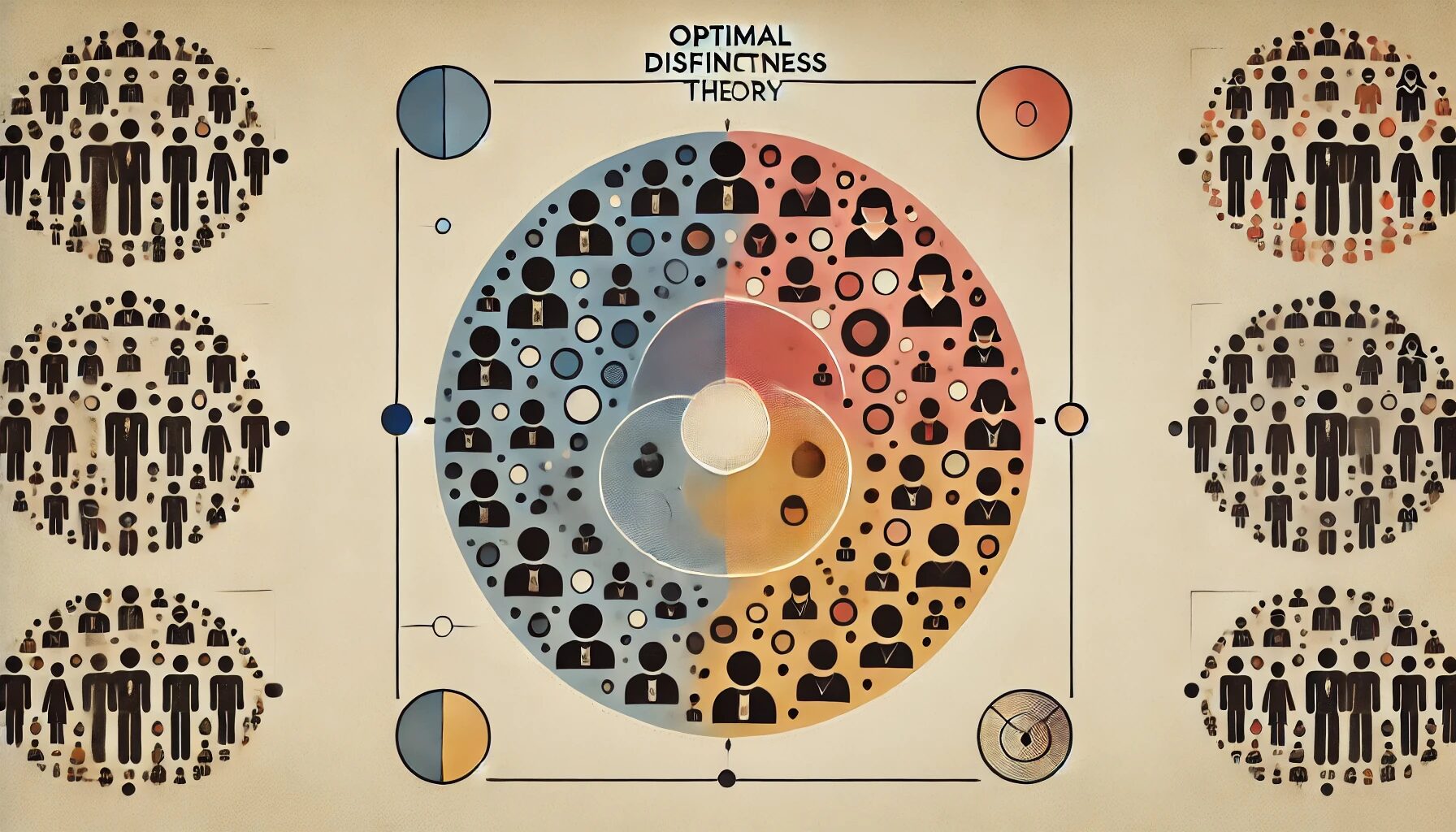 The image visually represents the Optimal Distinctiveness Theory, illustrating the balance between the need for inclusion within a group and the desire for individuality. It shows a group of people with overlapping areas that symbolize shared identities, while each individual is marked with distinct colors or symbols to highlight their uniqueness. The neutral background emphasizes the contrast between belonging and distinctiveness, making the conceptual balance clear.