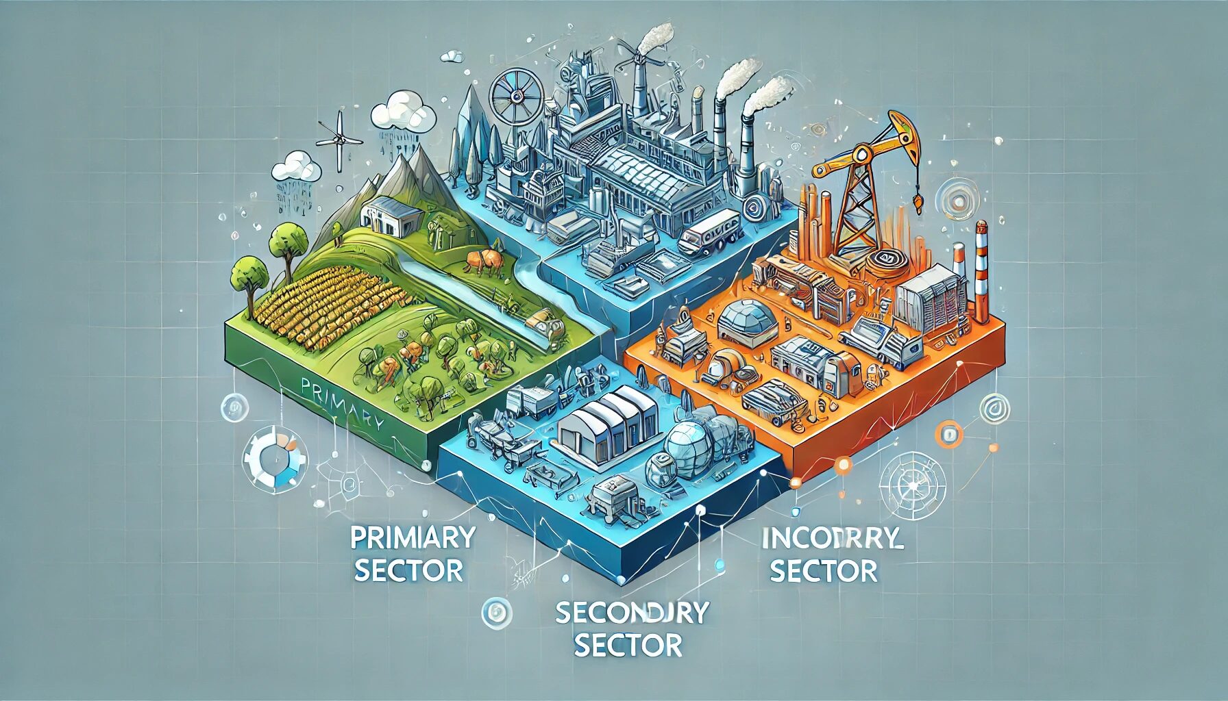 The image illustrates the Three-Sector Model in economics, showcasing the transition from the primary sector (agriculture and raw material extraction) to the secondary sector (industrial production) and finally to the tertiary sector (services like banking, technology, and education). The sectors are visually connected, symbolizing the shift between them, and modern elements such as digital services represent the expansion into the quaternary and quinary sectors. This progression highlights the evolution of economic activities as societies develop.