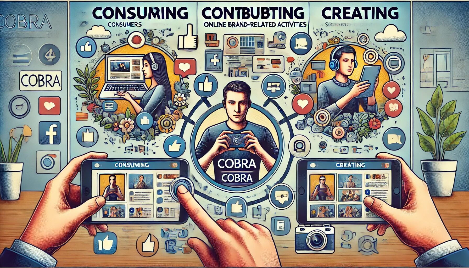 The image illustrates the concept of COBRA (Consumers' Online Brand-Related Activities) in consumer theory. It shows three primary activities: Consuming - A person watching a video on a smartphone. Contributing - An individual commenting on a social media post using a tablet. Creating - Someone uploading a photo from a camera to a computer. The background features social media icons like thumbs up, comment bubbles, and share symbols, representing the different ways consumers engage with brands online.