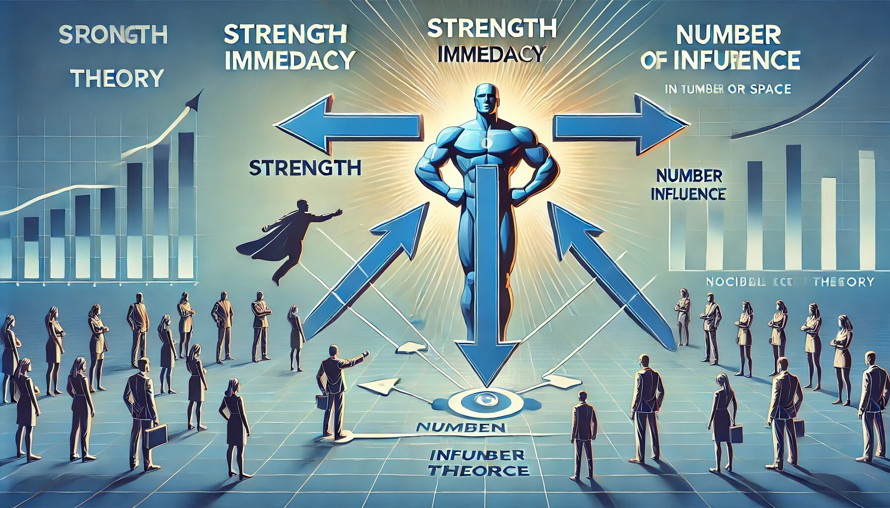 The image visually represents the Social Impact Theory, highlighting its three key components: strength, immediacy, and the number of sources. Strength is depicted as a large, authoritative figure, immediacy is shown through the proximity of the figures, and the number of sources is represented by multiple figures exerting influence on a single target. Arrows or lines indicate the direction of influence, making the concept clear and educational. The design is visually engaging, helping to convey the theory's principles effectively.