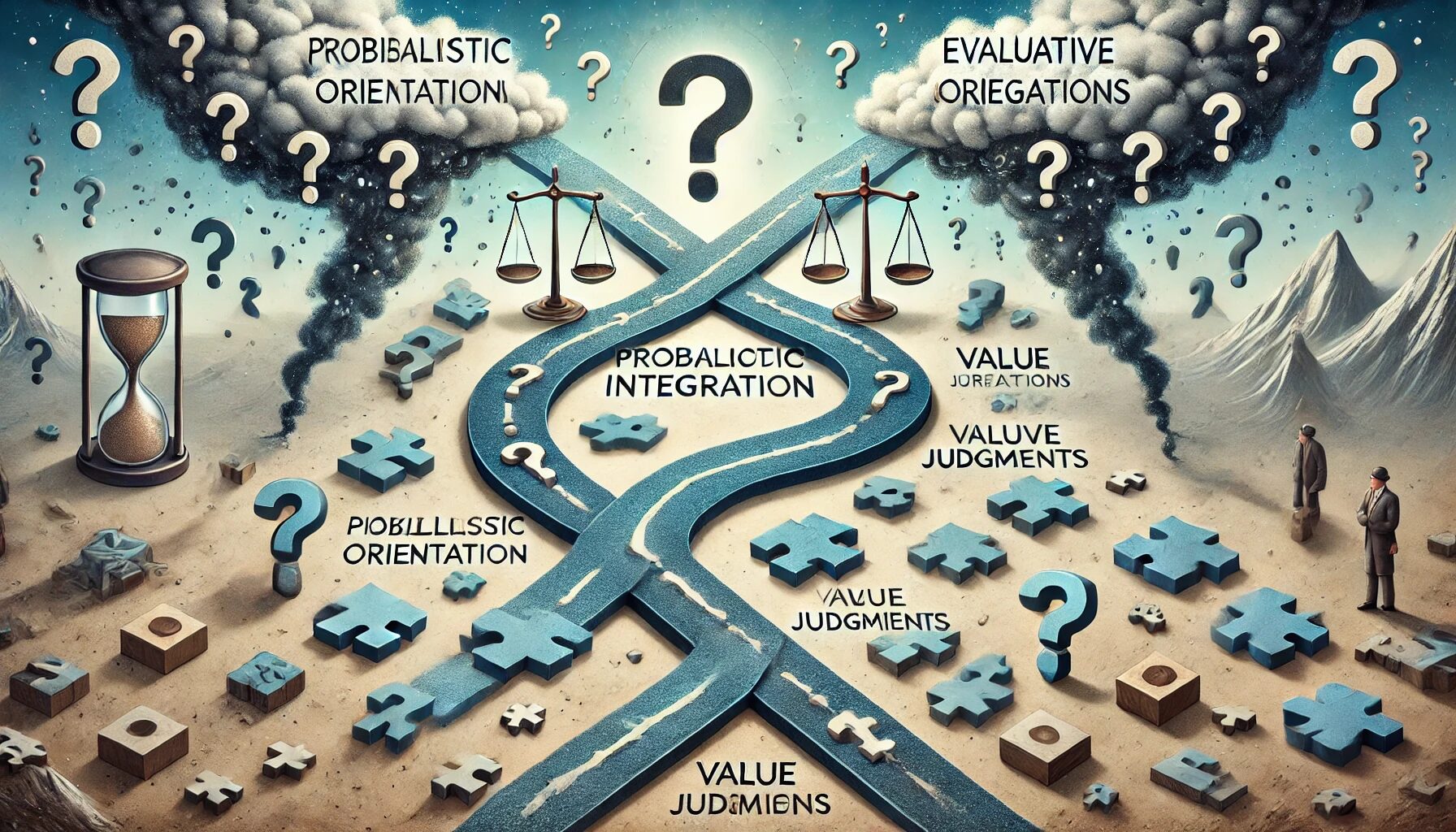 The image illustrates Problematic Integration Theory through an abstract representation of two diverging paths, symbolizing the conflict between probabilistic orientation (likelihood of events) and evaluative orientation (value judgments). The paths converge at a crossroads, highlighting the tension and difficulty in integrating these orientations. The setting includes symbols like question marks, scales, and puzzle pieces, emphasizing the challenges and complexities of aligning probabilities with values in decision-making processes.