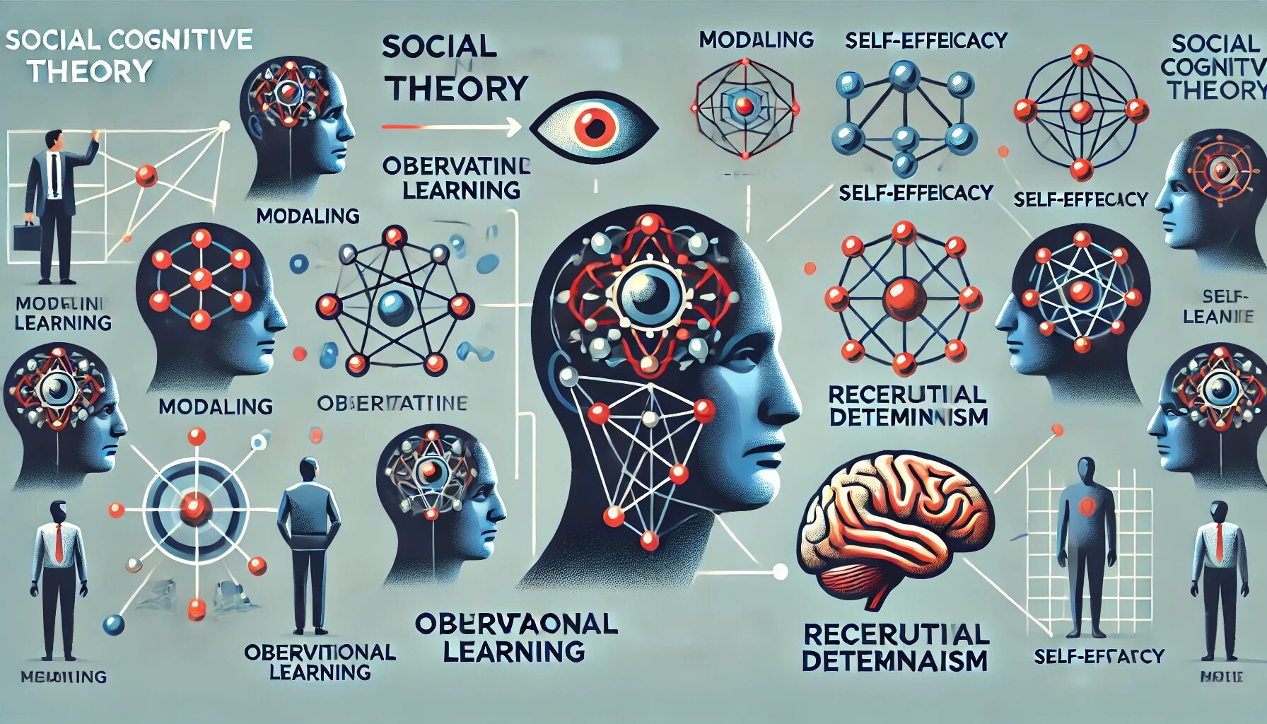 The image visually represents the core concepts of Social Cognitive Theory. It features interconnected elements symbolizing modeling, observational learning, and reciprocal determinism. Human figures are depicted observing and imitating each other, reflecting the idea of learning through observation. Additionally, abstract representations of thought processes and self-efficacy are included, with a modern and professional color palette that emphasizes clarity and conceptual understanding. This image effectively captures the essence of Social Cognitive Theory in a visually appealing manner.