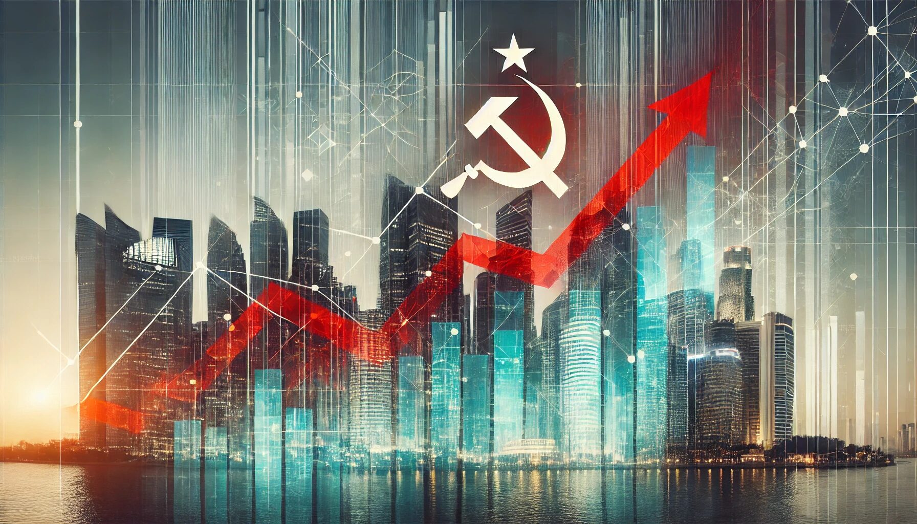 Here is the abstract image symbolizing economic growth and development in a modern city, blending elements of socialism with contemporary urban progress. The design features an upward-moving graph intertwined with a modern skyline, subtly incorporating socialist symbols in the background. This representation captures the fusion of traditional ideals with modern economic advances.