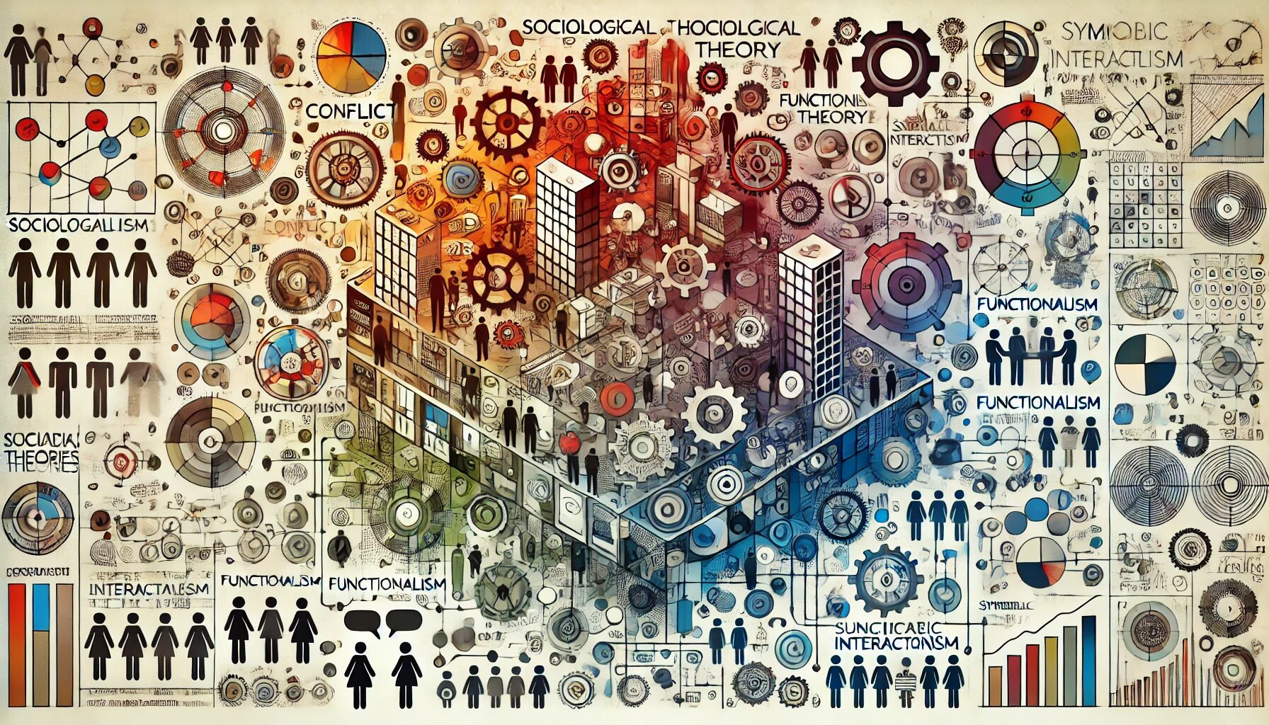 The image represents the concept of "Sociological Theory" by combining abstract and concrete elements. It features a collage of social structures such as buildings, networks, and communities alongside individual interactions like people talking and symbols. The image also visually represents different sociological theories: conflict theory through contrasting colors, functionalism with interconnected gears or structures, and symbolic interactionism with speech bubbles or symbols, creating a comprehensive visual summary of the key ideas in sociological theory.