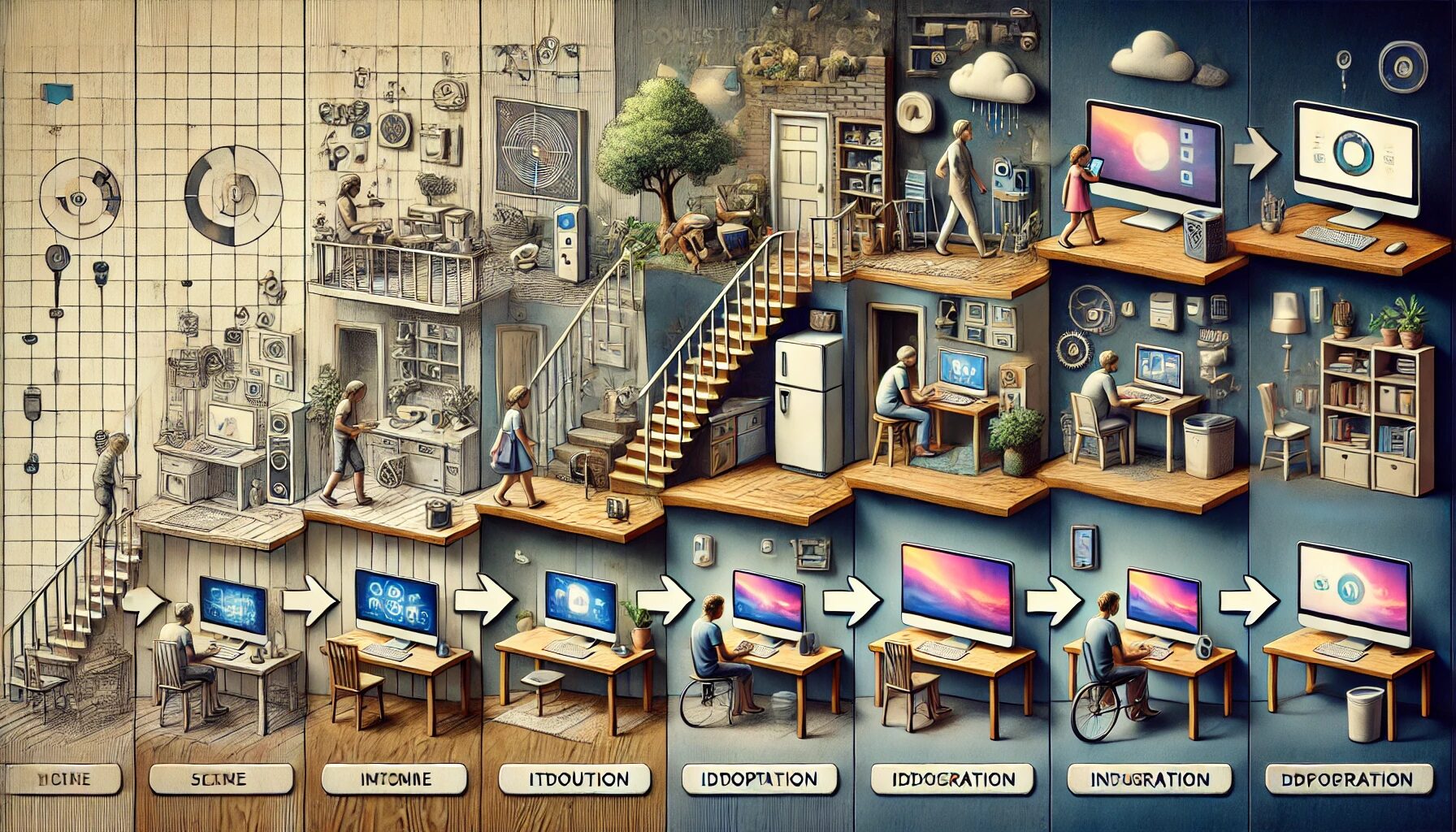 It represents the concept of Domestication Theory, depicting the integration of new technologies, like smartphones and computers, into everyday life. The image shows various stages of technology adoption, from initial introduction to full cultural integration, with a focus on how these technologies blend seamlessly into daily routines within a home environment. The scene reflects the gradual transformation of technology into a natural part of life.