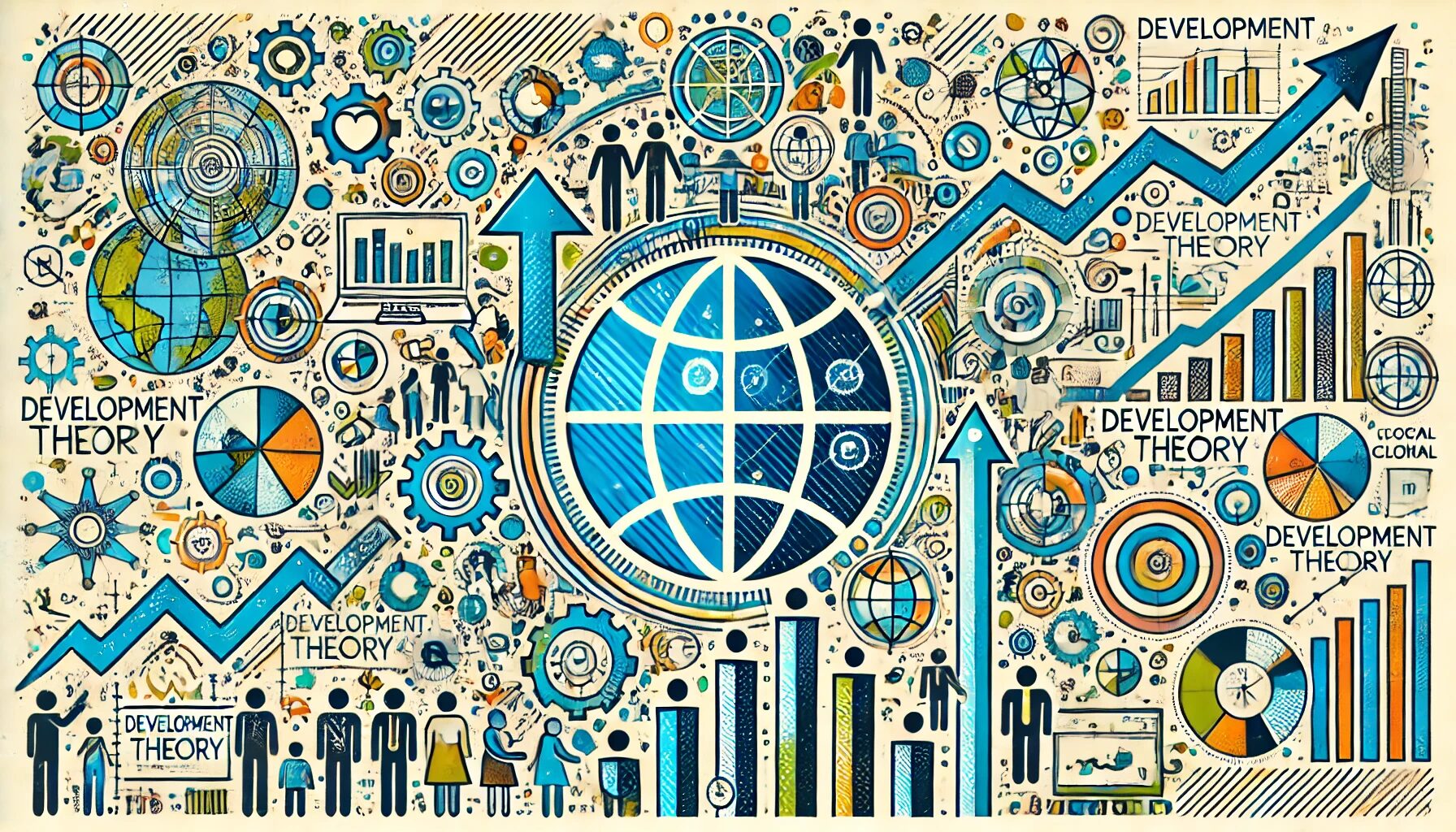 The image illustrates the concept of Development Theory, showcasing interconnected global economies, social development processes, and cultural exchanges. It features a globe at the center, with arrows pointing upward, symbolizing growth. Diverse human figures are depicted collaborating around the globe, highlighting the importance of social and economic activities in development. The style is modern and informative, using a balanced combination of abstract and realistic elements to convey the idea of interconnected global development.