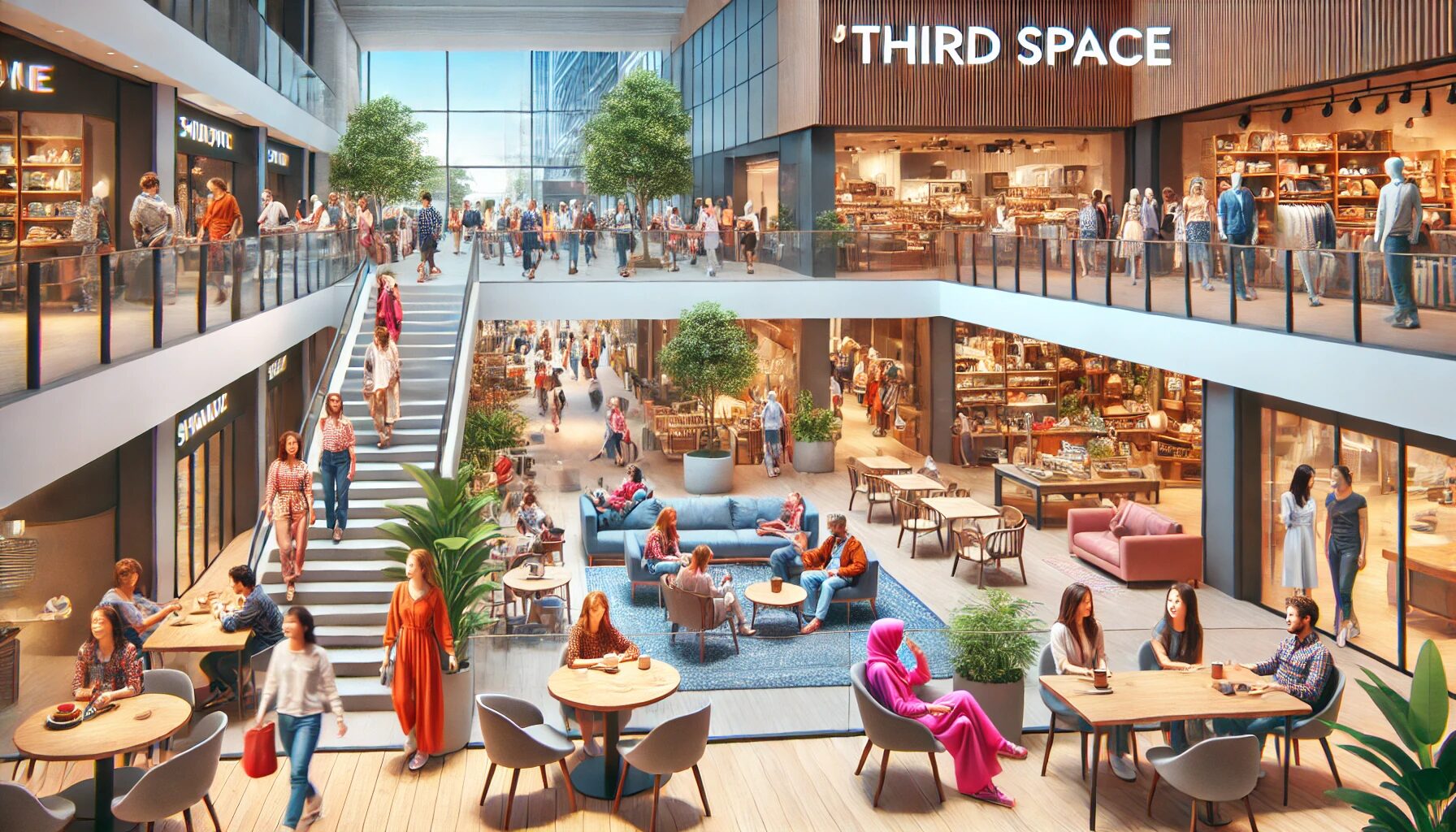 The image depicts a vibrant and modern shopping mall where people are relaxing in a cafe, shopping, and socializing. The scene features diverse individuals expressing themselves freely in a lively and inclusive environment. The mall's contemporary design includes open spaces, greenery, and a welcoming atmosphere, illustrating the concept of a "Third Space" where people can express their true selves outside of home and work.