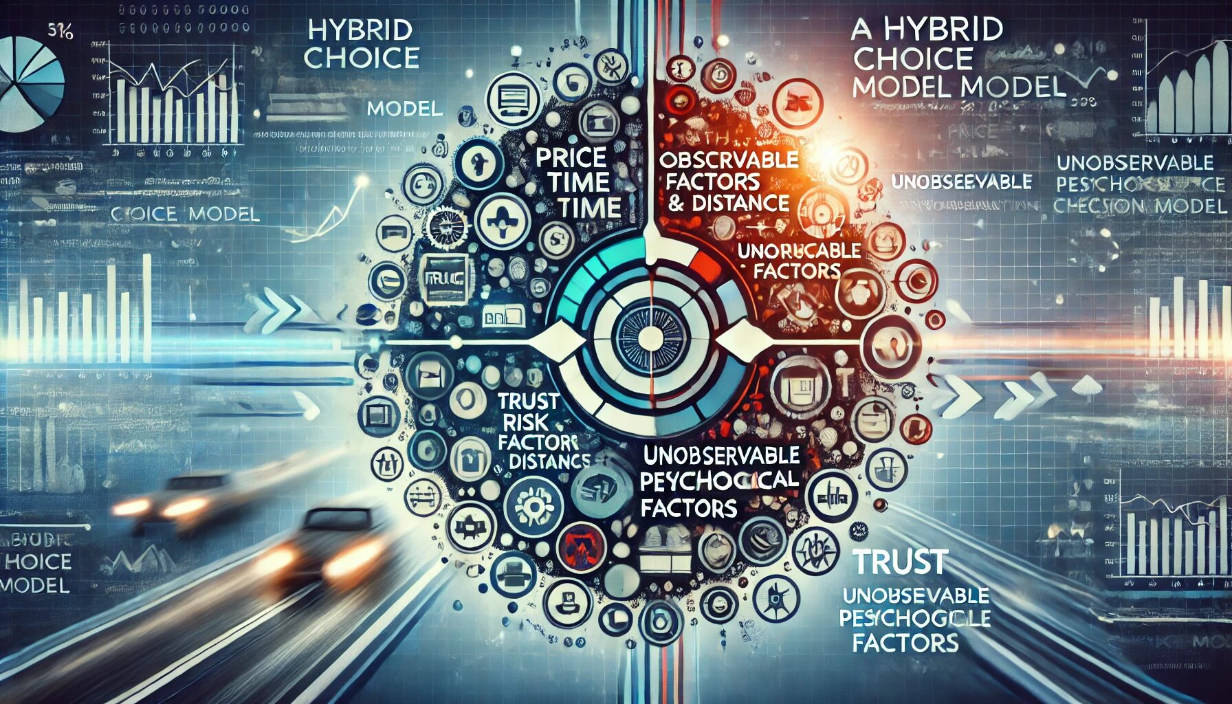 The image created represents the concept of a Hybrid Choice Model, illustrating how decision-making is influenced by both observable factors (such as price, time, and distance) and unobservable psychological factors (like trust, risk aversion, and satisfaction). It visually integrates data points, survey responses, and a layered decision tree, reflecting the complexity of combining different variables within a hybrid model. The academic and analytical theme emphasizes the intricate process of understanding and predicting human behavior using this advanced modeling approach.