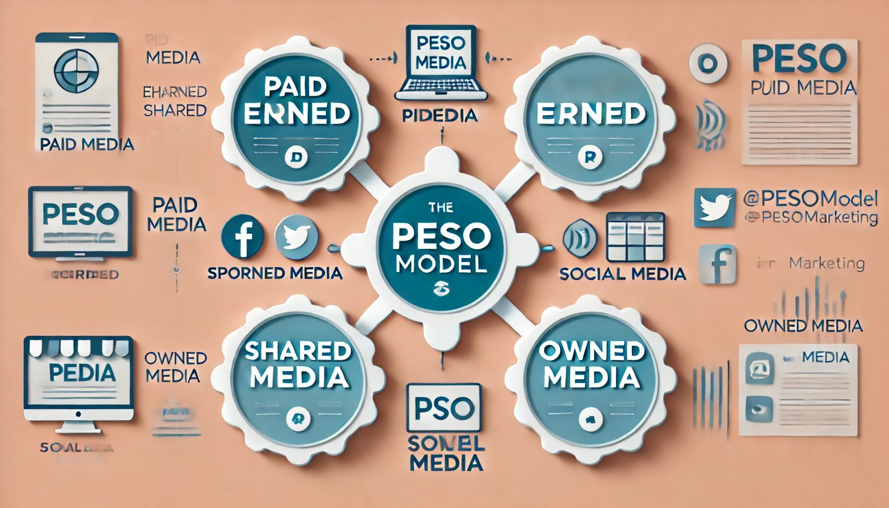 I have created an infographic-style image that represents the PESO model in marketing. It shows the four media types: Paid, Earned, Shared, and Owned, and how they interact in a marketing strategy. Each type is visually distinguished, with examples like ads, PR mentions, social media, and company-owned content. The image is clean and organized to help visualize how these media work together.