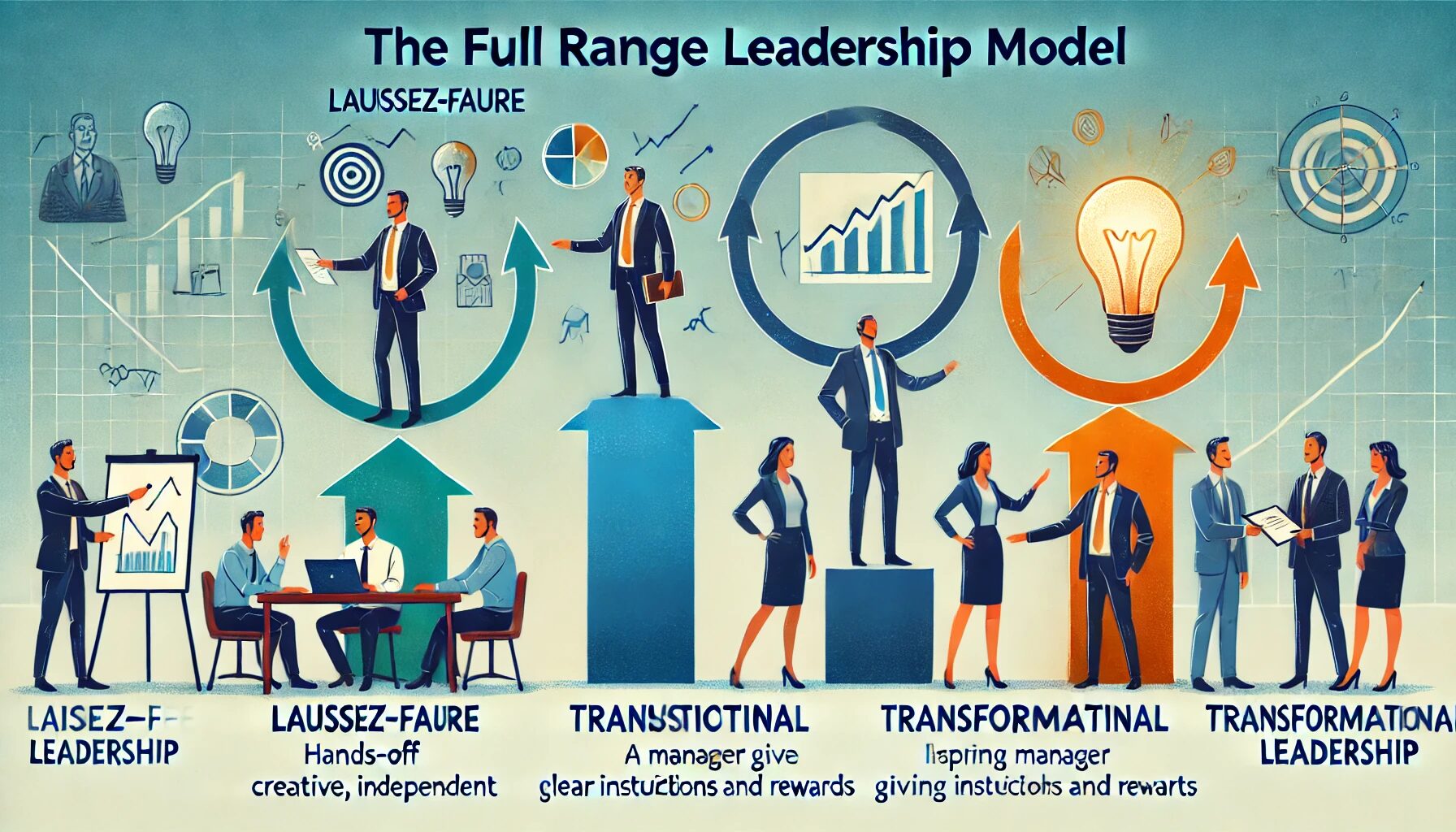 The image represents the Full Range Leadership Model, illustrating the progression between three leadership styles. On the left, a Laissez-faire leader takes a hands-off approach, allowing team members to work independently in a creative environment. In the middle, a Transactional leader provides clear directions, offering rewards based on performance. Finally, on the right, a Transformational leader motivates and guides the team towards a unified, visionary goal. The background suggests a corporate setting, emphasizing the different leadership approaches within an organizational context.