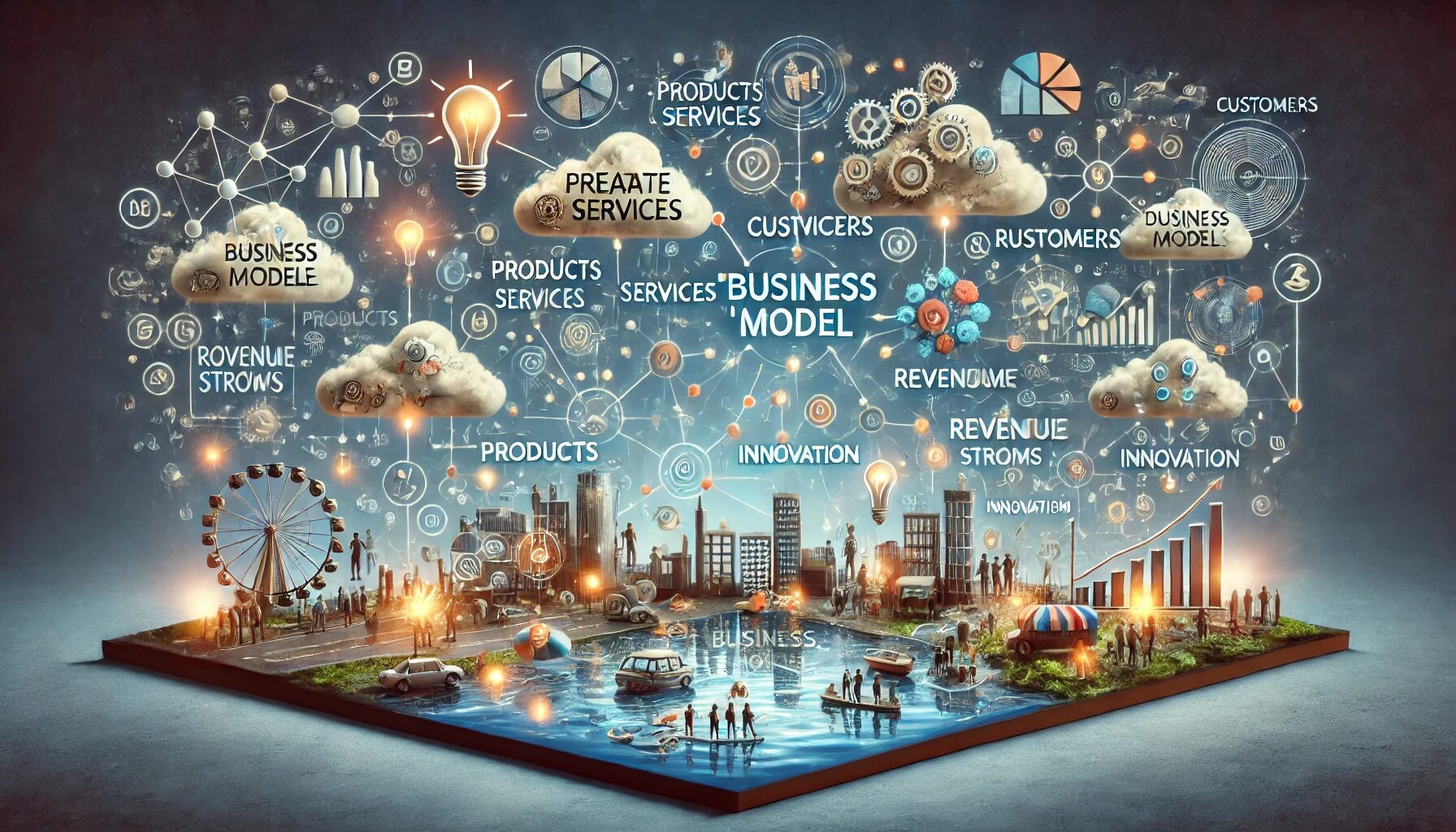 The image visually represents a business model, emphasizing how companies create, deliver, and monetize value. It features interconnected elements like products, services, customers, and revenue streams, symbolizing modern platform-based business models. The image highlights the interaction between consumers and producers, showcasing data flow, innovation, and growth through dynamic lines connecting these components, creating a sense of continuous interaction and evolution.