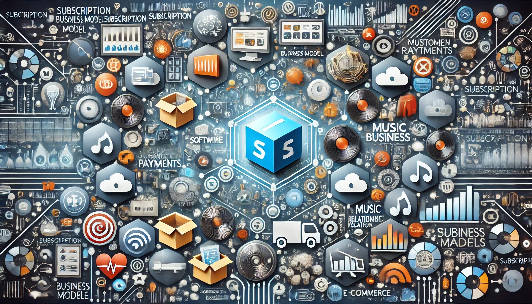 The image represents the subscription business model across various industries such as software, fitness, e-commerce, and media streaming. It visually emphasizes recurring payments, customer engagement, and long-term relationships by interconnecting symbols of digital platforms, shopping boxes, and streaming services. These elements are tied together to reflect the continuous cycle of service delivery and payment, portraying the dynamic and evolving nature of the subscription economy in a modern business environment.