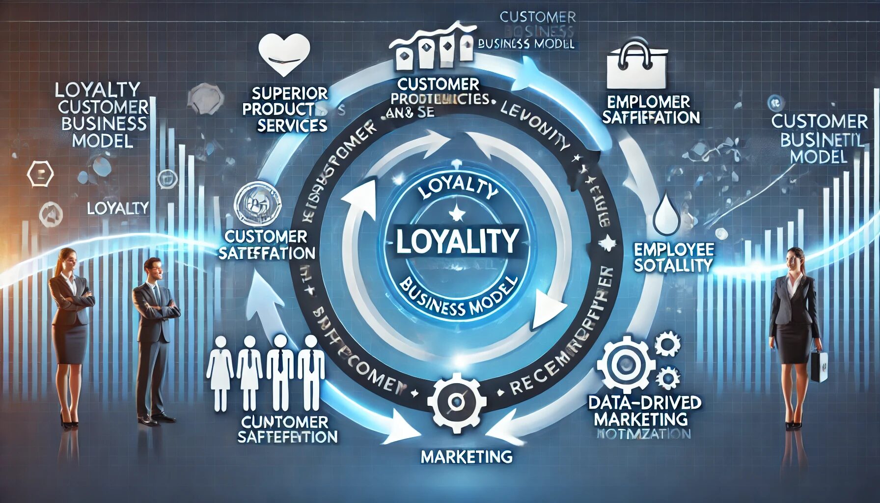 The image represents a loyalty business model, illustrating the cycle of customer and employee satisfaction leading to business growth. Key components like superior products, customer satisfaction, loyalty programs, and revenue growth are connected by arrows, emphasizing their interdependence. It includes modern symbols for loyalty programs, employee satisfaction, and data-driven marketing. The design is clean and visually engaging, with clear labels for each stage, making it easy to understand how customer and employee loyalty contribute to long-term profitability.