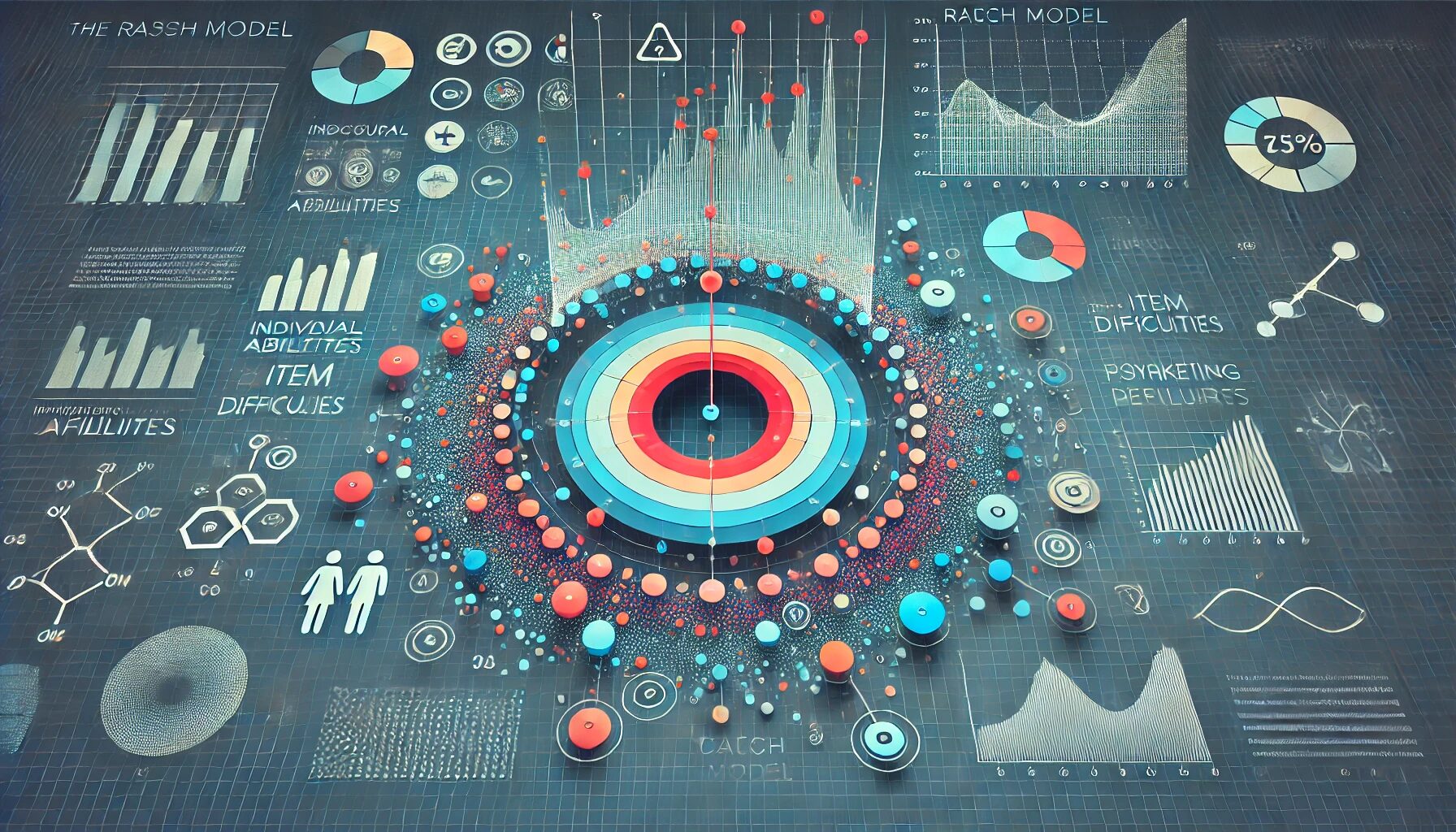 The image represents an abstract visualization of the Rasch model, showcasing the relationship between individual abilities and item difficulties. The central graph illustrates plotted data points on a curve, symbolizing the model's core function in psychometric analysis. Surrounding elements highlight its applications in fields like education, healthcare, and marketing research. The background incorporates mathematical symbols and a gradient, suggesting data analysis and measurement. This image helps encapsulate the statistical and analytical nature of the Rasch model and its versatile applications.