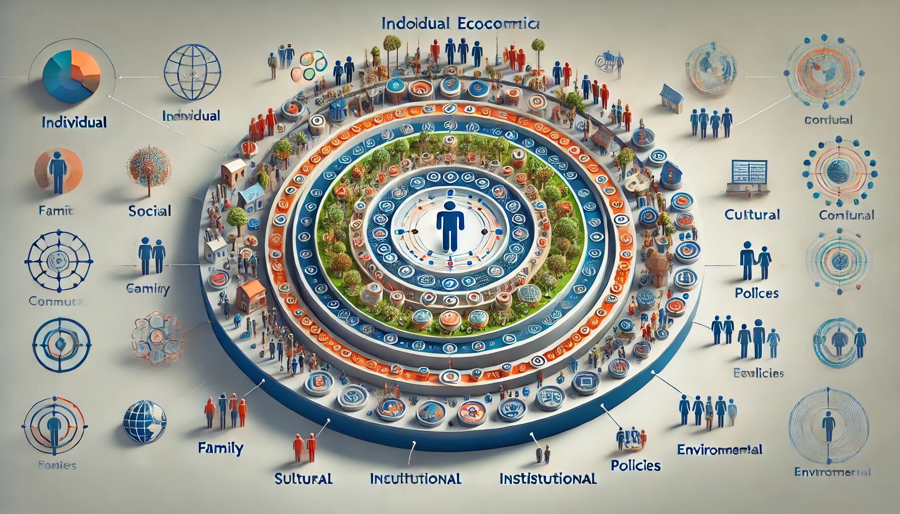 Here is the image representing the Social Ecological Model. It shows an individual at the center surrounded by layers symbolizing various factors such as family, community, organizations, policies, and societal trends, with the outermost layer representing broader environmental influences. The design is clean and educational, emphasizing the interaction between personal and macro-level elements.