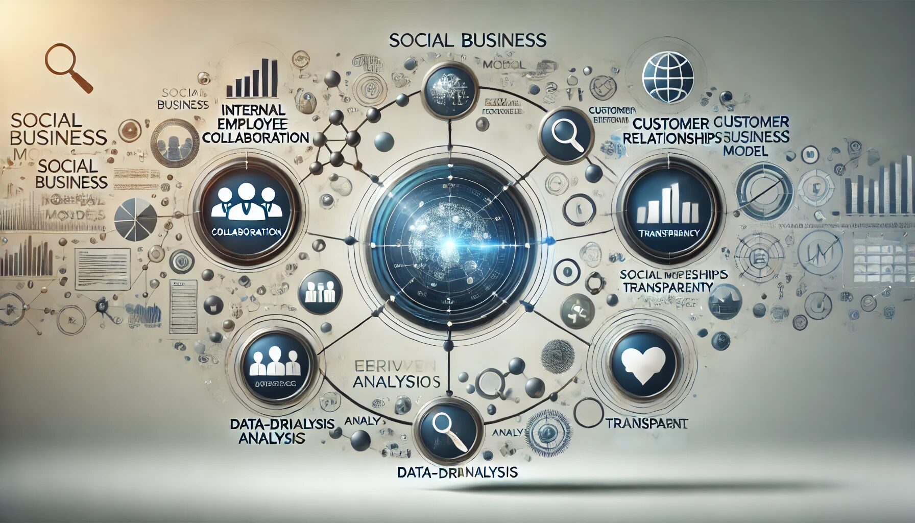 The image represents the social business model through interconnected circles. Each circle symbolizes key aspects: internal employee collaboration, customer engagement via social media, and transparent business operations. These elements are linked by data-driven analysis, depicted with a graph or analytics icon, illustrating the importance of continual improvement. The overall design is clean and modern, featuring subtle business and social media icons in the background to emphasize the interconnected nature of business operations in the social media age.