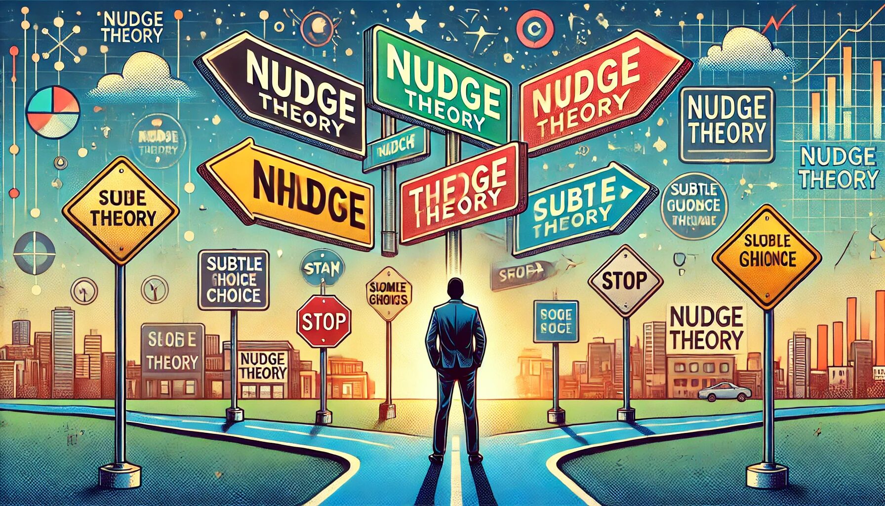 This image represents a person standing at a crossroads with different signs pointing to various choices. Some signs are more prominently displayed, using bright colors and larger fonts to draw attention. The cityscape background indicates a modern, urban environment, highlighting the idea of subtle guidance and decision-making in everyday contexts. This visual metaphor effectively conveys how Nudge Theory influences individuals by subtly altering their environment to steer them towards certain decisions without restricting freedom of choice.